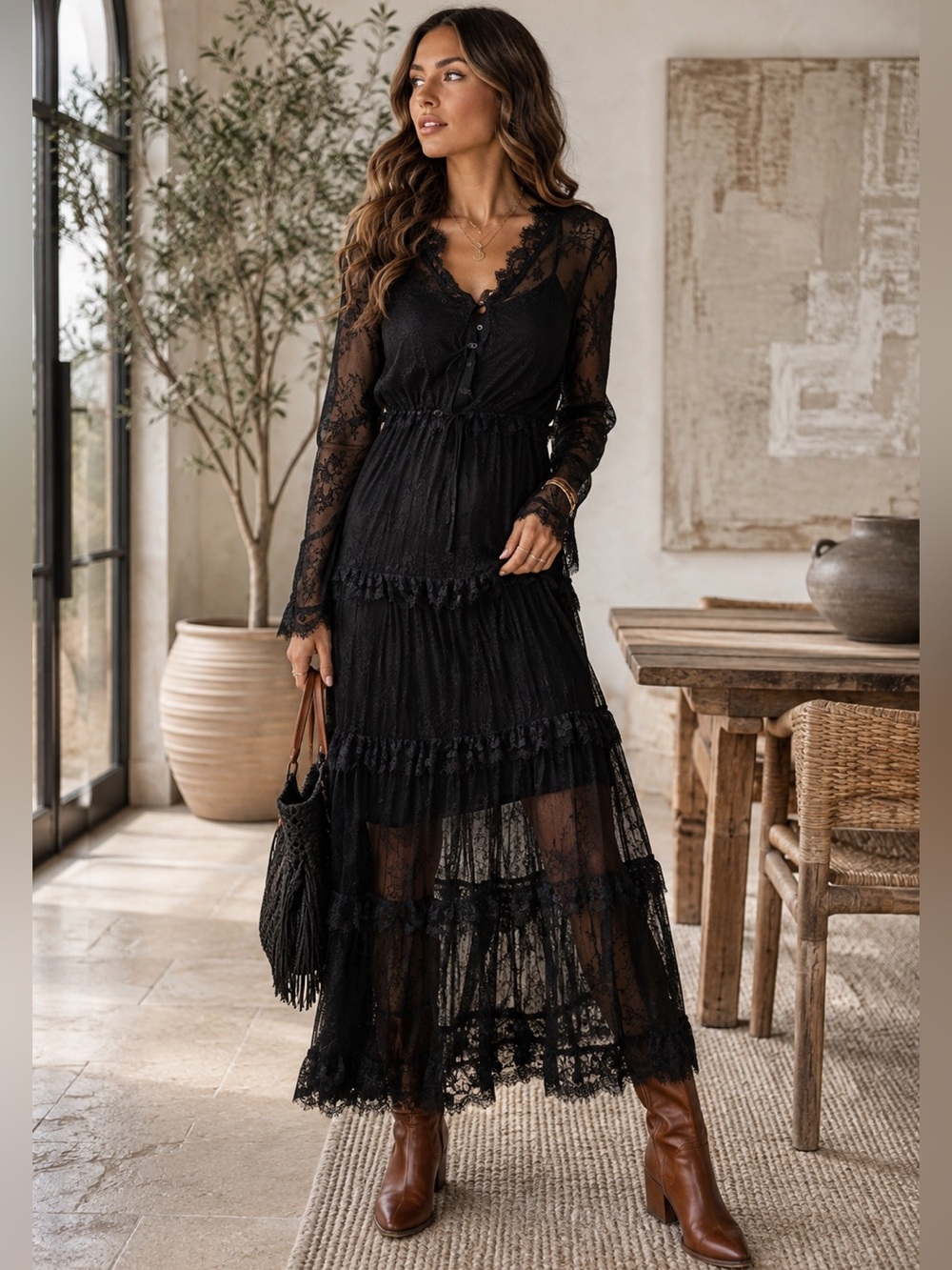 Boho Elegant Black Lace Maxi Dress